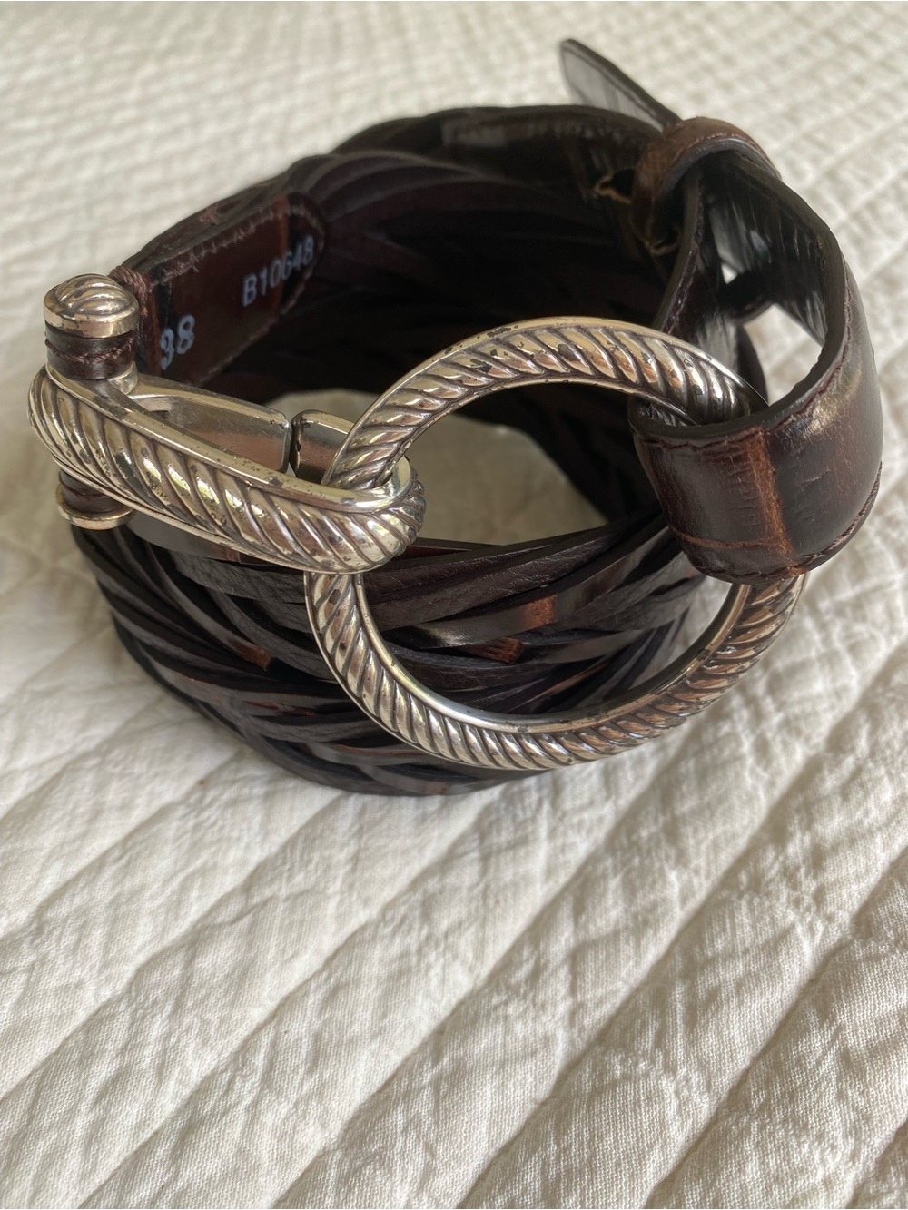 VTG Western Boho Braided Brown Leather Belt Silver Tone Rope Ring Buckle Size 38